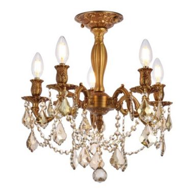 Elegant Lighting Rosalia 5 light French Gold Flush Mount Golden Teak (Smoky) Royal Cut Crystal. View a larger version of this product image.