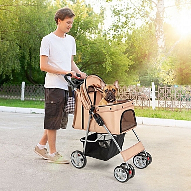 4 Wheels Pet Stroller with Weather Cover & Storage Basket Travel Folding Carrier for Dog and cat Foldable Pet Stroller Brown 