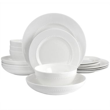 Gibson Elite Embossed Bone China 16 Piece Double Bowl Dinnerware Set in White. View a larger version of this product image.