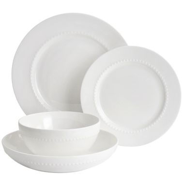 Gibson Elite Embossed Bone China 16 Piece Double Bowl Dinnerware Set in White. View a larger version of this product image.