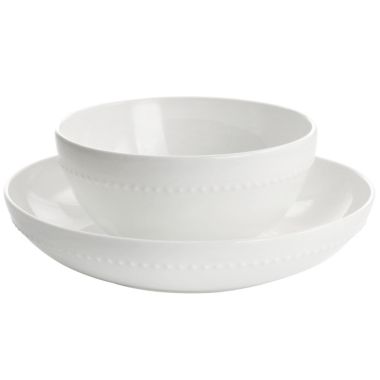 Gibson Elite Embossed Bone China 16 Piece Double Bowl Dinnerware Set in White. View a larger version of this product image.