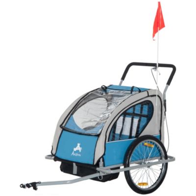 Aosom Elite 2-In-1 Three-Wheel Bicycle Cargo Trailer & Jogger for Two Children with 2 Security Harnesses & Storage, Blue