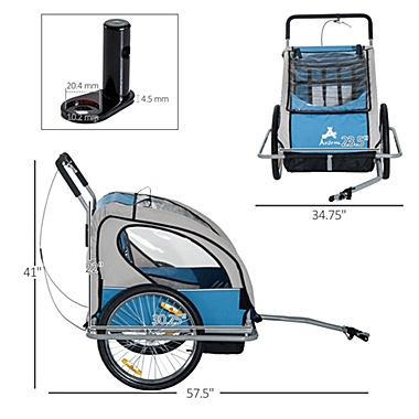 Aosom Elite 2-In-1 Three-Wheel Bicycle Cargo Trailer & Jogger for Two Children with 2 Security Harnesses & Storage, Blue. View a larger version of this product image.