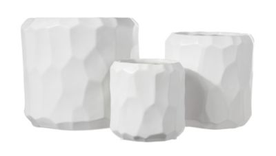 Urban Trends Collection Ceramic Cylindrical Pot with Wide Mouth and Embossed Irregular Patterns Design Body Set of Three Matte Finish White