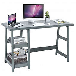 Costway Trestle Computer Desk Home Office Workstation with Removable Shelves-Gray