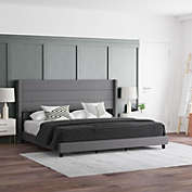 Emma and Oliver Holt Modern Gray Channel Stitched Faux Linen Upholstered King Platform Bed with Wingback Headboard and Wooden Support Slats; No Box Spring Needed