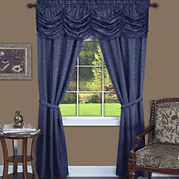 Kate Aurora Jacquard Damask Curtains With An Attached Austrian Valance & Tiebacks - 63 in. Long - Navy Blue