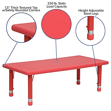 Flash Furniture 24&#39;&#39;W x 48&#39;&#39;L Rectangular Red Plastic Height Adjustable Activity Table. View a larger version of this product image.