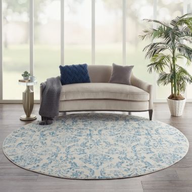 Jubilant JUB09 Area Rug Farmhouse Vintage Damask By Nourison Ivory Blue 8' x round. View a larger version of this product image.