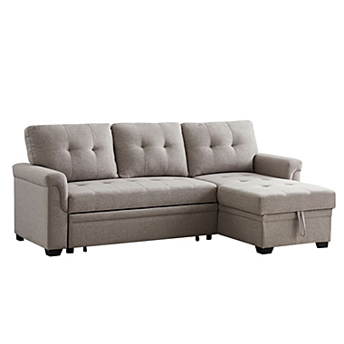 Contemporary Home Living 86" Lucca Light Gray Linen Reversible Sleeper Sectional Sofa with Storage Chaise. View a larger version of this product image.