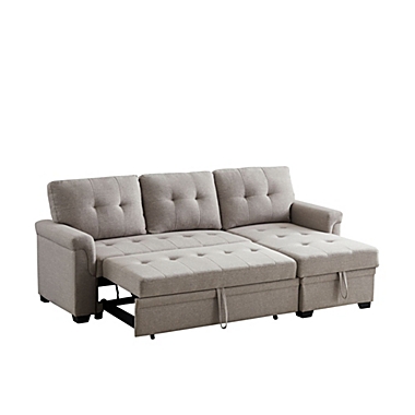 Contemporary Home Living 86" Lucca Light Gray Linen Reversible Sleeper Sectional Sofa with Storage Chaise. View a larger version of this product image.