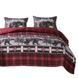 Saltoro Sherpi 3 Piece King Quilt Set with Bear and Plaid Pattern, Gray and Red-