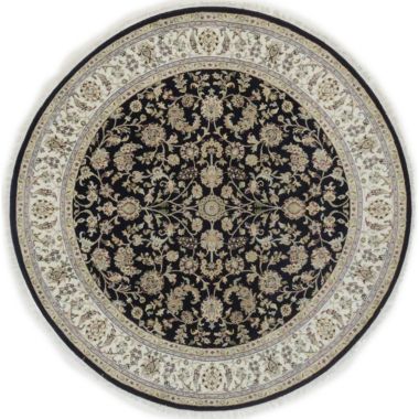 Dark Navy Floral 7X7 Indo-Nain Oriental Round Rug. View a larger version of this product image.