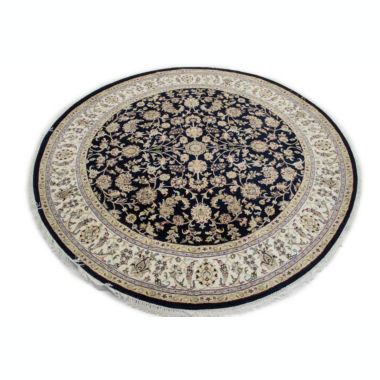 Dark Navy Floral 7X7 Indo-Nain Oriental Round Rug. View a larger version of this product image.