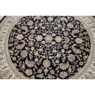 Dark Navy Floral 7X7 Indo-Nain Oriental Round Rug. View a larger version of this product image.
