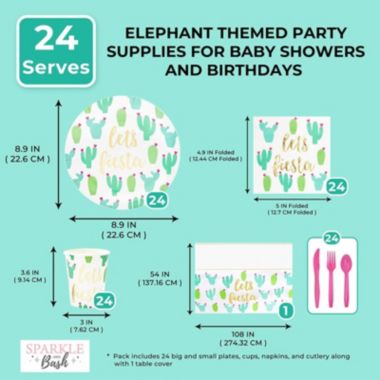 Blue Panda Let's Fiesta Cactus Paper Plates, Napkins, Cups, Cutlery, Tablecloth (Serves 24, 145 Pieces). View a larger version of this product image.