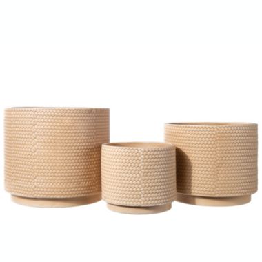 Urban Trends Collection Ceramic Round Pot with Embossed Weave Design Body Set of Three Matte Finish Brown. View a larger version of this product image.