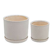 Kingston Living Set of 2 Ivory and Beige Square Dot Ceramic Planter with Saucer 8"