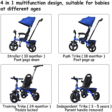 Slickblue 4-in-1 Kids Tricycle with Adjustable Push Handle-Blue. View a larger version of this product image.