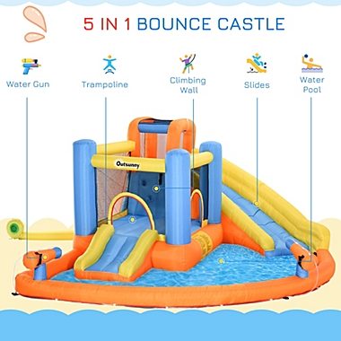 Outsunny Kids Inflatable Water Slide 5-in-1 Inflatable Bounce House Jumping Castle with Water Pool, Slide, Climbing Walls, & 2 Water Guns. View a larger version of this product image.