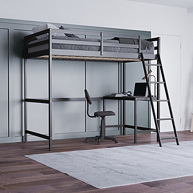 Emma and Oliver Ridley Twin Wood Loft Bed Frame with Protective Guardrails and Integrated Desk and Ladder in Espresso for Use with Any 6-8" Thick Mattress. View a larger version of this product image.