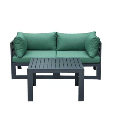 LeisureMod Chelsea 3-Piece Sectional Loveseat and Coffee Table Set Black Aluminum with Cushions - Green