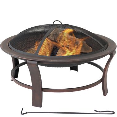Sunnydaze Outdoor Portable Camping or Backyard Elevated Round Fire Pit Bowl with Stand, Spark Screen, Wood Grate, and Log Poker - 29" - Bronze. View a larger version of this product image.
