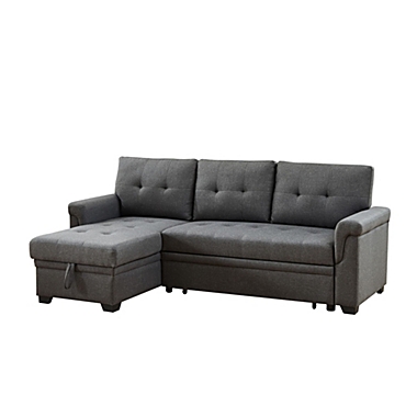 Contemporary Home Living 84" Charcoal Gray Solid Reversible Sleeper L Shape Sectional Sofa with Storage Chaise. View a larger version of this product image.