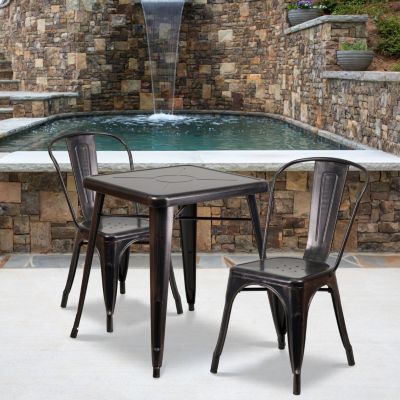 SILVER METAL RESTAURANT TABLE SET WITH 2 STACK CHAIRS 