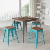 Merrick Lane Brooklyn 24 Inch Tall Stackable Teal Metal Bar Counter Stool With Textured Elm Wood Seat In Set Of 4
