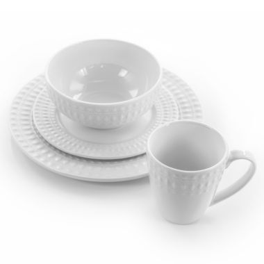 Elama Cara 16 Piece Round Porcelain Dinnerware Set in White. View a larger version of this product image.
