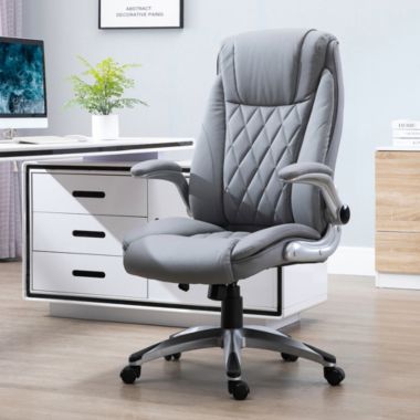 Vinsetto High Back 360° Swivel Ergonomic Home Office Chair with Flip Up Arms, Faux Leather Computer Desk Rocking Chair, Grey. View a larger version of this product image.