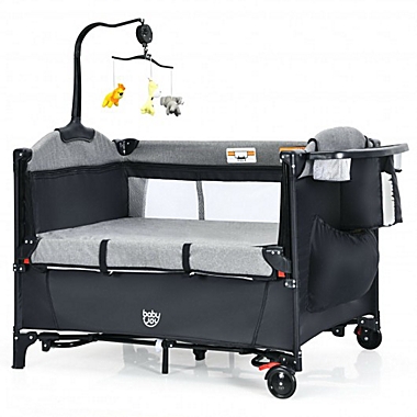 Costway 5 in 1 Baby Nursery Center Foldable Toddler Bedside Crib with Music Box-Black. View a larger version of this product image.