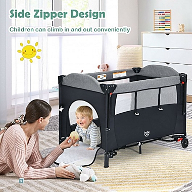 Costway 5 in 1 Baby Nursery Center Foldable Toddler Bedside Crib with Music Box-Black. View a larger version of this product image.