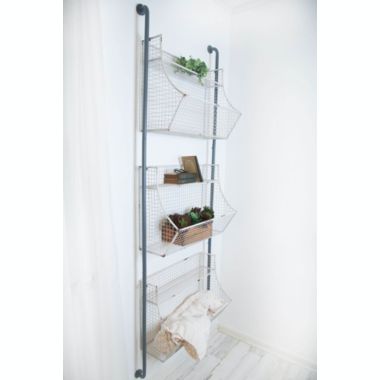 TX USA White Distressed Metal Wire Wall Shelf with 3 Baskets. View a larger version of this product image.