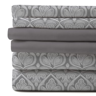 Lux Decor Collection 6-Pieces Deep Pocket Microfiber Printed Bed Sheet Set in King Size Gray. View a larger version of this product image.