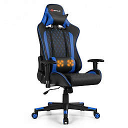 Costway Massage Gaming Chair with Lumbar Support and Headrest-Blue