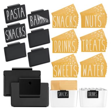 Talented Kitchen Set of 8 Black Clip On Metal Label Holders for Storage Bins, 40 Preprinted White on Clear Pantry Labels for Baskets, Home Organization. View a larger version of this product image.