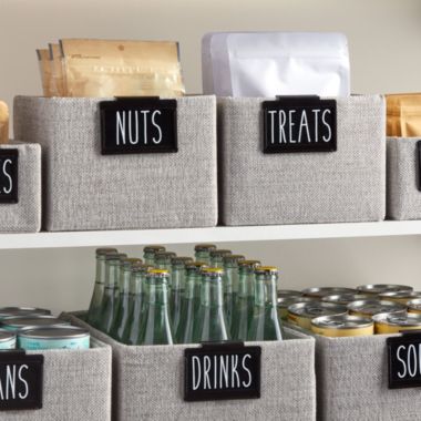 Talented Kitchen Set of 8 Black Clip On Metal Label Holders for Storage Bins, 40 Preprinted White on Clear Pantry Labels for Baskets, Home Organization. View a larger version of this product image.