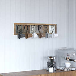 Merrick Lane Pheltz Wooden Wall Mount 6 Cup Distressed Wood Grain Printed COFFEE Mug Organizer with Metal Hanging Hooks, No Assembly Required