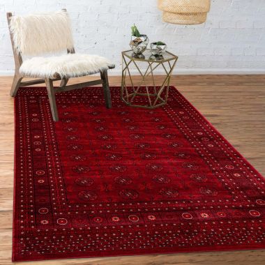 Chaudhary Living 8' x 10' Red and Black Geometric Rectangular Area Throw Rug. View a larger version of this product image.