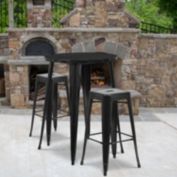 Flash Furniture Boyd Commercial Grade 30" Round Black Metal Indoor-Outdoor Bar Table Set with 2 Square Seat Backless Stools