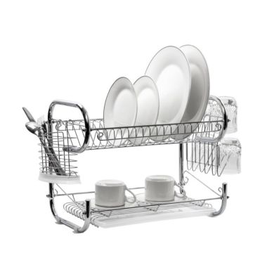 Stainless Steel Chrome 2-Tier Dish Rack with Utensil Holder & Cutting Board Holder. View a larger version of this product image.