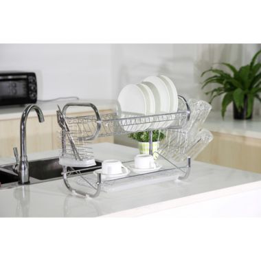 Stainless Steel Chrome 2-Tier Dish Rack with Utensil Holder & Cutting Board Holder. View a larger version of this product image.