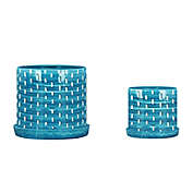 Kingston Living Set of 2 Aqua Blue and White Ceramic Outdoor Mesh Lines Planters with Saucers 12"