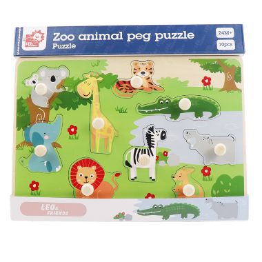 Leo & Friends Zoo Animal Peg Puzzle for 24-Months+ Unisex Toddler Zoo Puzzle, Comes with 10-Pieces, Features, Zebra, Lion, Elephant, Tiger, Crocodile, & More Perfect Educational Gift, Made with 100% Premium Non-Toxic Wood. View a larger version of this product image.
