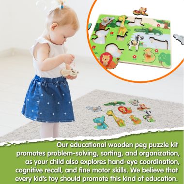 Leo & Friends Zoo Animal Peg Puzzle for 24-Months+   Unisex Toddler Zoo Puzzle, Comes with 10-Pieces, Features, Zebra, Lion, Elephant, Tiger, Crocodile, & More   Perfect Educational Gift, Made with 100% Premium Non-Toxic Wood. View a larger version of this product image.