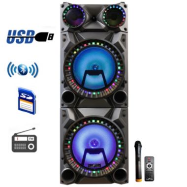 beFree Sound Rechargeable Bluetooth 12inch Double Subwoofer Portable Party Speaker with Dual Layer Reactive Party Lights, USB, SD and AUX Inputs with FM Radio. View a larger version of this product image.