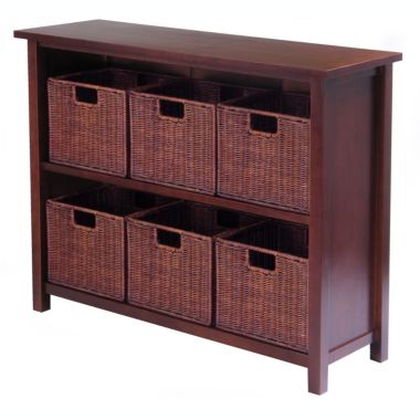 Milan 7-Pc Storage Shelf with 6 Wicker Baskets, Walnut. View a larger version of this product image.