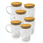TIDIFY Set of 6 Double Walled Glass Mugs With Bamboo Lid, Cappuccino Cups, Teacups With Bamboo Lid